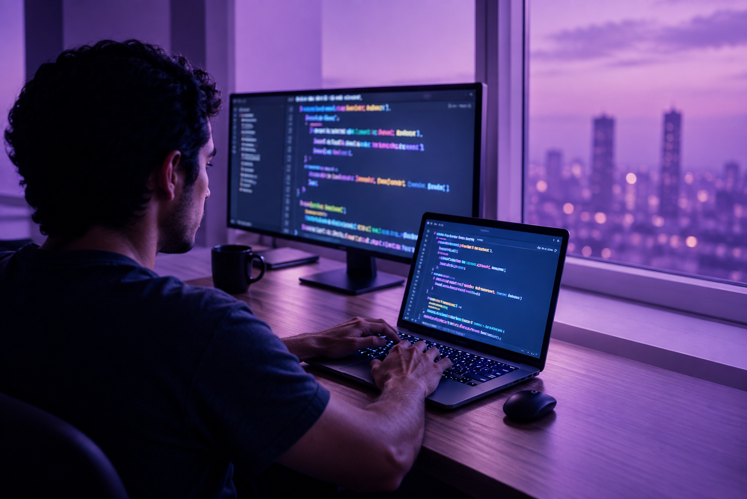 Técnico de ciberseguridad revisando código en pantalla, representando el análisis periódico que implica una auditoría de ciberseguridad para empresas